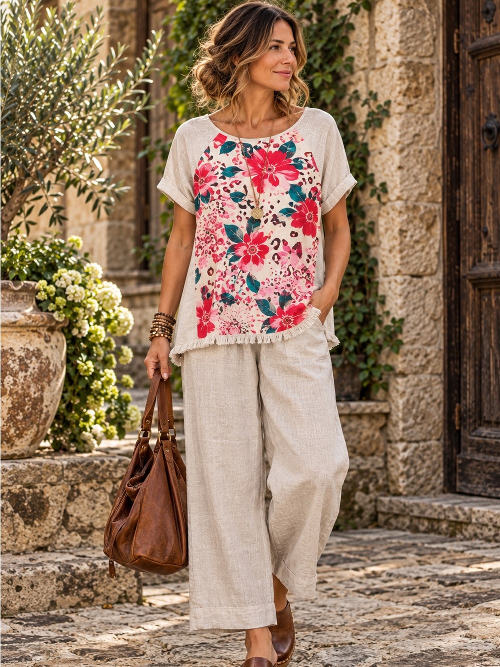 Umgee Red Pink Medium Floral Leopard Linen Blend Top Fringe Hem Boho